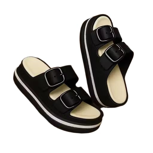 Stylish Womens Sliders | Comfortable Thick Soled Anti-Slip Slippers for Indoor & Outdoor | Black-image-45