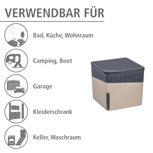 WENKO Raumentfeuchter Mod. Cube, Luftentfeuchter reduziert Schimmel & Gerüche, Auffangschale mit 1 kg Granulatblock nachfüllbar, fasst bis zu 1,6 l Feuchtigkeit, 16,5 x 15,7 x 16,5 cm, Beige