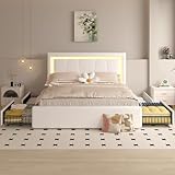 Benevika Full Bed Frame with 4 Storage Drawers and Adjustable Headboard, Upholstered Platform Bed with LED Lights and USB Ports, Solid Wooden Slats Support, No Box Spring Needed, Easy Assembly, Beige