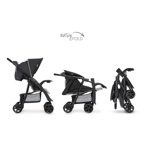 hauck Shopper Neo II, Schwarz Grau - Kinderbuggy mit Liegeposition ab Geburt bis 22 kg, 2x Tablett mit Getränkehalter, Einhändig Klein Zusammenklappbar, Tasche im Verdeck, XL Korb