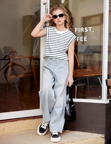 Image of Arshiner Girls T Shirts Cap Sleeves Casual Summer Tops Crewneck Tank Loose Fit Fashion Blouse Tee
