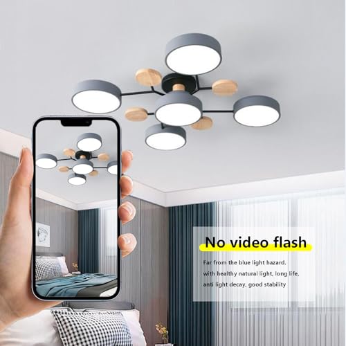Plafonnier LED moderne bois et fer vert avec 4 lampes pour salon