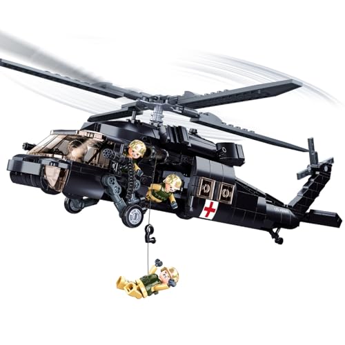Sluban UH-60 Black Hawk Helicopter Building Set, Military Rescue Helicopter Model, 692-Piece Airplane Building Bricks Compatible with Major Brand, Aircraft Toy Gift for Kids & Adults