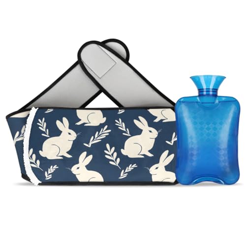 Hot Water Bag with Waist Cover Rabbits Blue Leaves Warm Hot Water Bottle Belt Plush Double Hand Insert Wearable Water Bag Detachable Hot Bottle Pouch for Neck Shoulder Pain Relief