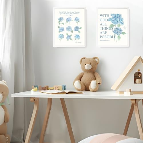 Image of LARTSFRO Hydrangea Floral Bible Wall Art Decor Posters, Blue Floral Spring Christian Room Bathroom Bedroom Dorm Wall Art Decor Aesthetic for College Teen Girls Gifts, Inspirational Bible Verses Wall Decor, 10x8 Inch Set of 4 Pcs Hydrangea Pictures (UNFRAMED)