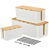 Cable Tidy Box 3 Pack Larger Desk Wire Organizer Box Cable Management Box Hiding Messy Cable Surface Wiring Power Strip Cord Management Storage Tray with Lid Lead Cover Box Large, Medium, Small -White