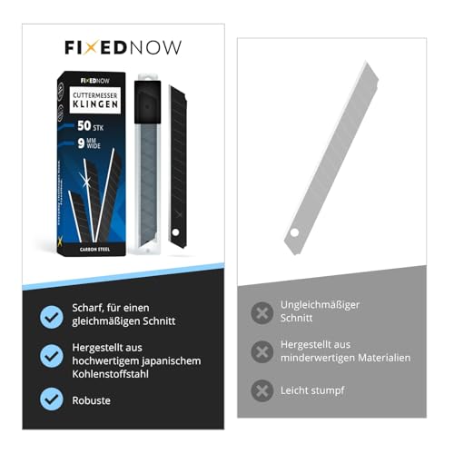 FixedNow 50 x Cuttermesser Klingen 9mm extra scharf aus Japanischer Carbonstahl | Abbrechklingen 9mm für Cuttermesser klein und Bastelmesser | Cuttermesser 9mm Ersatzklingen | Kattermesser