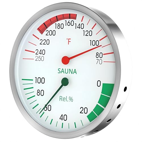 5-Inch Large Display Sauna Thermometer Hygrometer - Color-Coded Dial, Stainless Steel, Heat-Resistant, Easy to Read Humidity & Temperature Gauge for Home Spa, Steam Room, Sauna (70-250°F, 0-100% RH)
