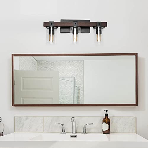 Image of Elegant Designs VT1009-BWN Industrial Rustic Lantern Restored Wood Look 3 Light Bath Vanity, Brown