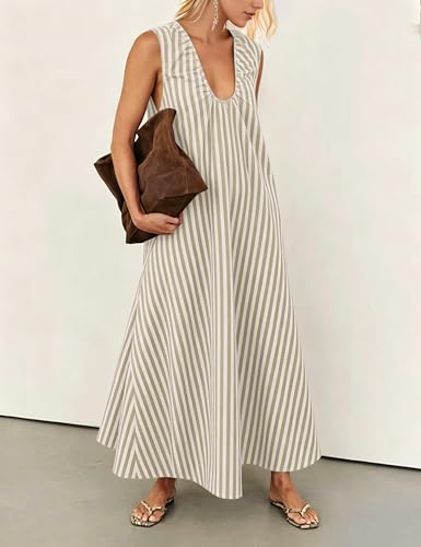 Image of Women Sleeveless Ruched Maxi Dress Scoop Neck Long Elegant Dresses Wide Shoulder Strap Blouse Dress with Side Pockets