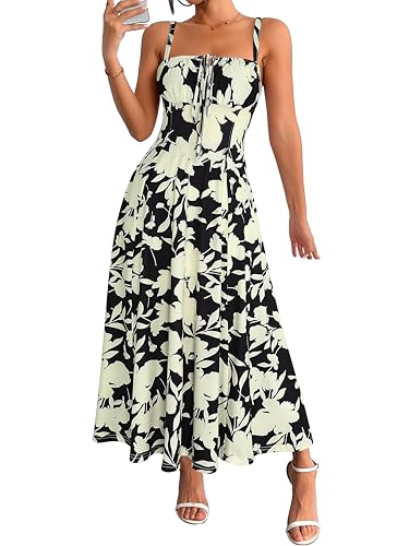 Image of YATHON Women's Summer Midi Corset Boho Dresses Spring Casual Floral Spaghetti Straps Lace Up Dress Flowy Aline Beach Sundress