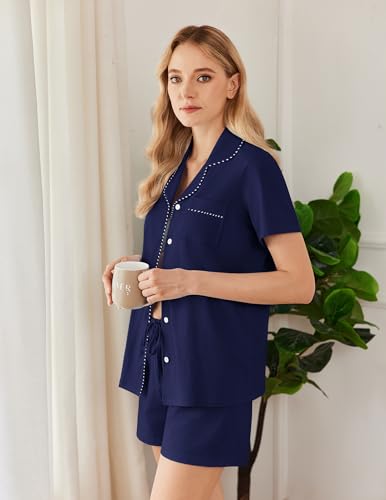 Image of Ekouaer Pajamas for Women Set Button Down Short Sleeve Sleepwear 2 Piece pj | Soft & Breathable Stretch Fabric, Adjustable Drawstring Shorts, Sleep & Lounge, Travel Friendly
