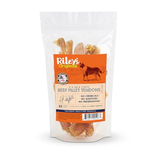 Rileys Beef Tendon Strips - Single Ingredient & Low Odor Beef Tendons for Dogs - Tendon Chews for Dogs Promotes Dental Health - All Natural Dog Treat for Small & Medium Breeds (4-6 inch 12 Sticks)