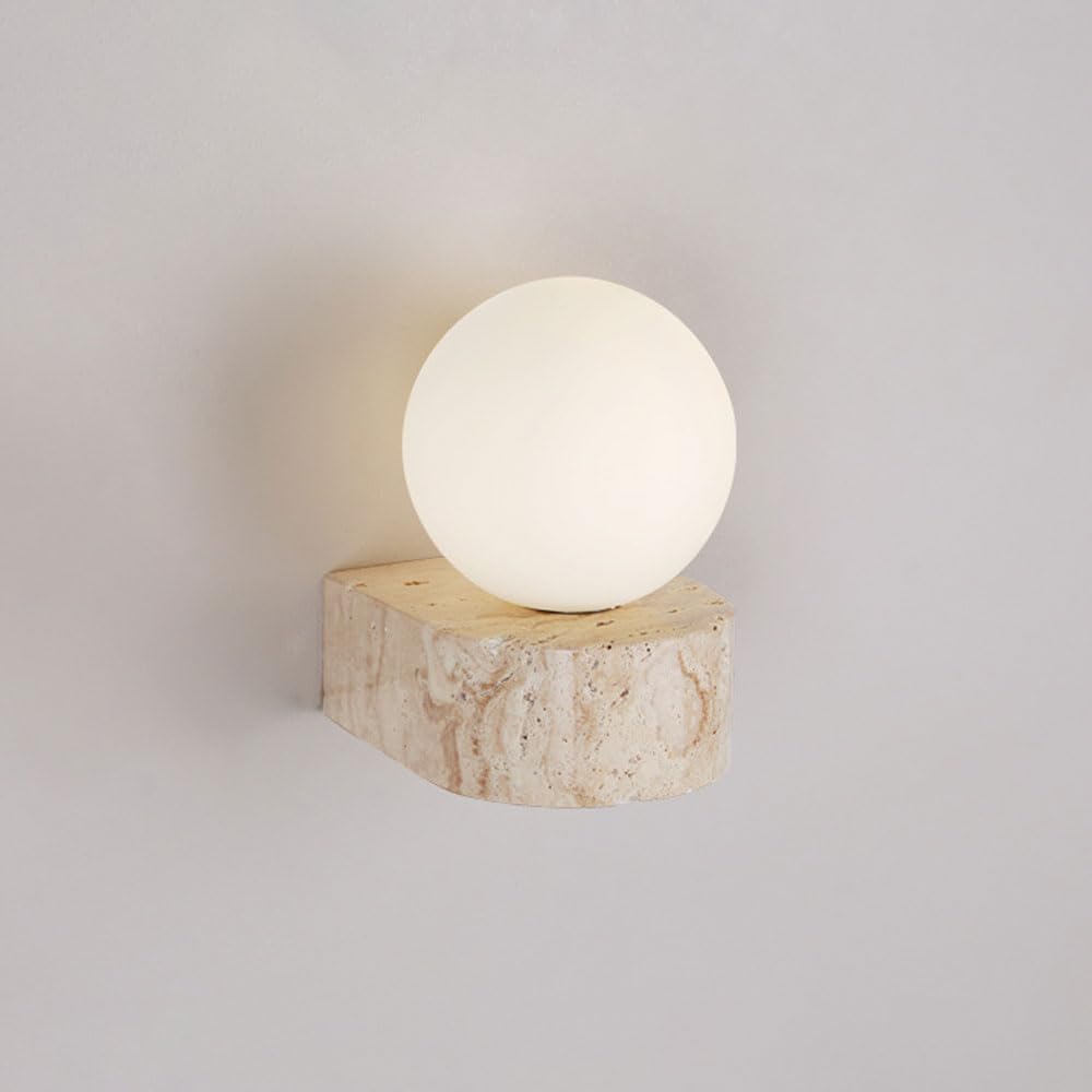 SXECAEPS Globe Glass Wall Lamp Sconce Stone Vanity Light Natural Travertine Hardwired Sconces G9 Lights with White Ball for Bedroom Living Room Hallway