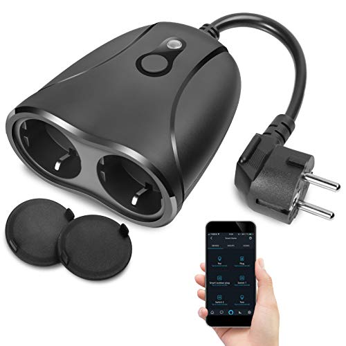 WiFi-buitenstopcontact waterdicht Smart Home intelligent WiFi-buitenstopcontact met 2 uitgangen met app voor afstandsbediening, compatibel met Alexa, Google Home (GRIJS)