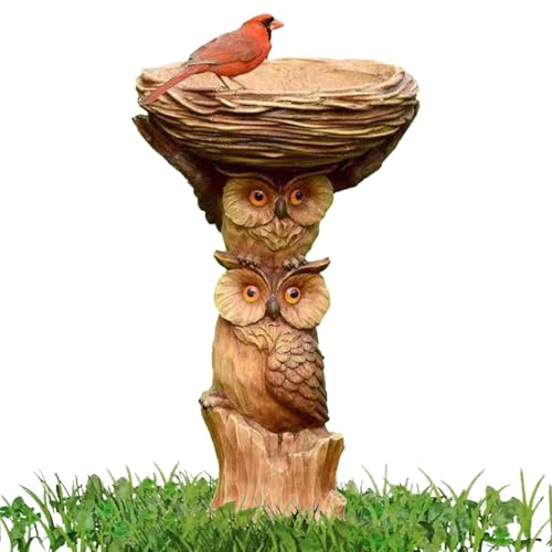 Abreuvoir Bassin Oiseaux Exterieur - Bain d'oiseaux en Résine | Mangeoire Et Abreuvoir À Oiseau De Jardin Extérieur sur Pied en Forme De Hibou avec 1 Rouge Oiseau Sculpture 22x13cm