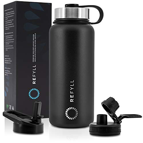 REFYLL Trinkflasche Edelstahl “easyFYLL” 1000ml I Premium Thermoflasche für Wandern, Fitness, Fahrrad, Schule und Büro I Wasserflasche Edelstahl + Gratis Sportdeckel & Deckel mit Strohhalm