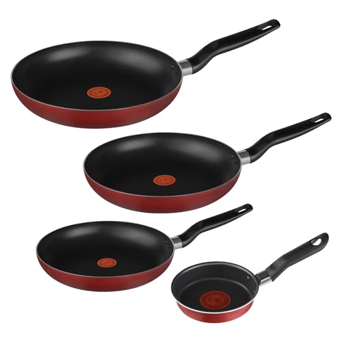 Lista de Cazuelas Tefal los más recomendados. 45 T-fal Juego de Sartenes Vital 12/20/24/26 cm, Color Rojo, Antiadherente Easy Plus resistente, con Termo Señal, 0231220VITM24