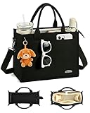 Aosbos Large Canvas Tote Bag For Women With Zipper -Large Everyday Purse With Water Bottle Pocket And Compartments-14in Laptop Bags For Work,Gym,Beach,Travel,Black