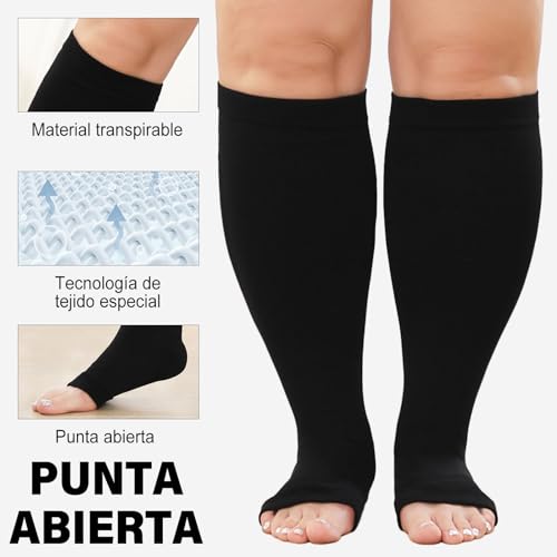 PUTUO Calcetines de Compresión para Hombre y Mujer: Medias de Compresion Talla Grande Punta Abierta para Mujeres Hombres para Correr Viajar Vuelo Ciclismo Embarazo 1 par Negro 6XL - imagen 4