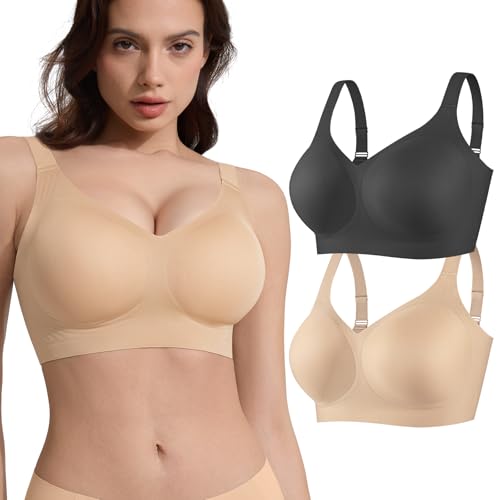 Jasmolly Wireless Jelly Bra for Women 2 Pack Plus Size Supportive Comfort Bra with Fixed Pads, Seamless Full Coverage Bralette (Black+Beige,3XL)
