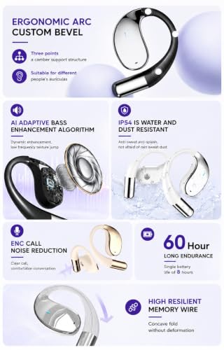 Image of U30 OWS Open Ear Wireless Earbuds with Display, ENC Mic for Crystal-Clear Calls, 60hr Playtime with Type-C Fast Charging, BT5.4 Gaming Bluetooth Earphones, Touch Control Sports Headphone, PURPLE