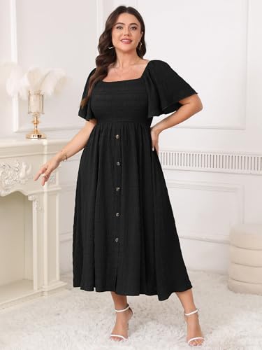 Image of Plus Size Casual Maxi Boho Dress for Curvy Women Short Sleeve Square Neck Smocked Summer Beach Dresses Button Down