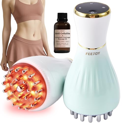 FEEJOY Lymphatic Drainage Massager & Massage Tool with Cellulite Oil, Body Sculpting Machine & Fascia Blaster for Cellulite with Microcurrent, Light, Heat & Vibration, for Legs, Arms & Belly