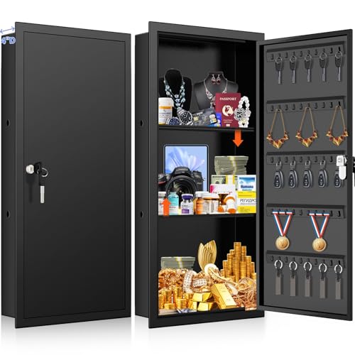 29.53H Wall Safes [ 33% Larger Capacity ] with 2 Removable Shelf Lockable In Wall Safe with 50 Hooks for Keys Jewellery Hidden Wall Safe for Secret Storage of Money Medicines Valuables