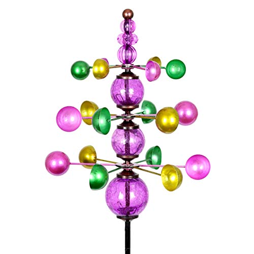 Exhart Wind Spinner, 3 Tier Garden Stake With Glass Crackle Balls, Wind Powered Glass And Metal Outdoor Garden Decor And Yard Art, Purple, 14 X 48 Inch #TOP6