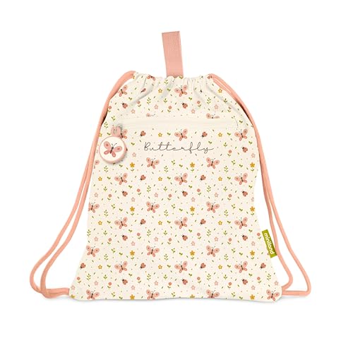 Miniland Kiddie Sack Butterfly - Mochila Saco Infantil Tipo Saco Impermeable | Ligera y Resistente | Con Bolsillos y Cierre de Cordón | Lavable y Personalizable | Ideal para el Colegio