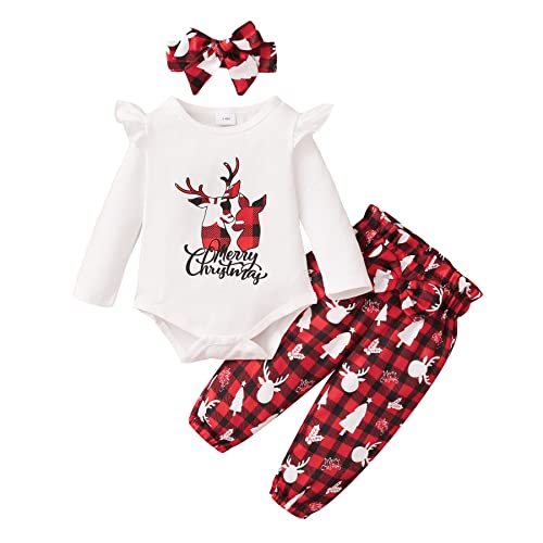 Image of DISAUR Baby Girl Christmas Clothes Newborn Christmas Outfits, Infant Girl Xmas Romper+Red Plaid Pants+Headband Set