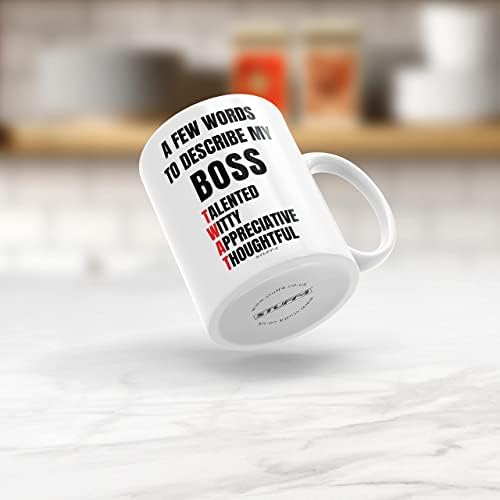 Funny Novelty Gifts for Your Boss - A Few Words to Describe My Boss Mug - Funny Mugs for Men, Rude Gifts for Women, Secret Santa Mug for Work Colleagues, 11oz Ceramic Dishwasher Safe Mugs - Made in UK