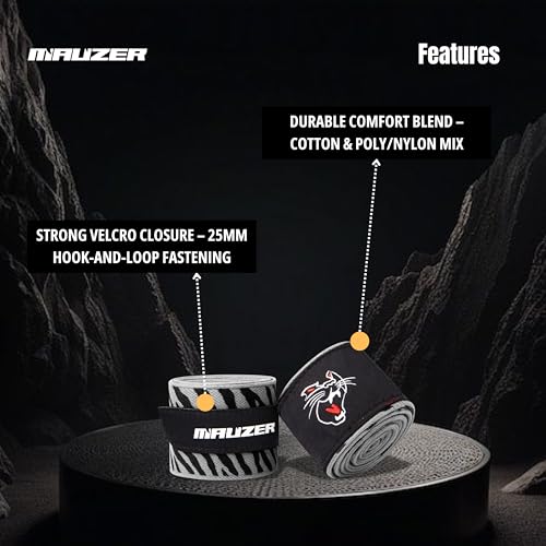 Image of Mexican-Style Boxing Hand Wraps - Breathable Stretch Cotton /Poly, 2 inch Wide with Hook & Loop, CAT Skin Graphic & Zeal to Win Slogan 2.5 Meter