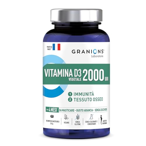 Granions Vitamina D3 2000 Ui, Capitale dell'immunità e delle ossa, Fonte vegetale derivata da licheni, 30 compresse masticabili, Vegetariani e donne in gravidanza