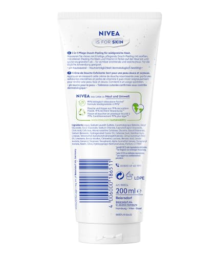 NIVEA Pflege-Dusche Creme Peeling (200 ml), pflegendes Körperpeeling mit feinen Peelingpartikeln und Vitamin E, Body Scrub für ein geglättetes und seidiges Hautgefühl