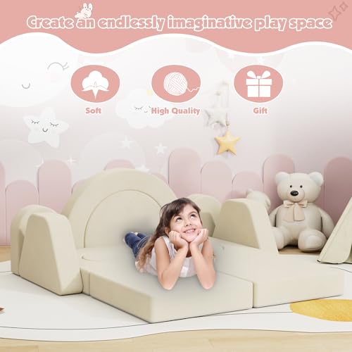 Image of HedoAjim 12 PCS Modular Kids Play Block Soft Child Couch Sofa Toddler Building Fortplay Climbing Bedroom Playroom Baby Convertible Floor Foam Cushion for Kids(Beige-Double)