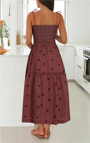 Women Floral Embroidered Maxi Dress Boho Sleeveless Tie Strap Shoulder Dresses Smocked Summer Sundress with Pockets4