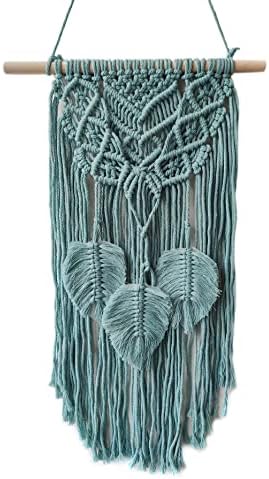 Macrame Woven Wall Hanging, Boho Chic Home Decoration Art Wall, Leaf Feather Handmade Tapestries, Handmade Natural Cotton, Suitable for Wedding Bedroom Living Room Background Wall(Blue)