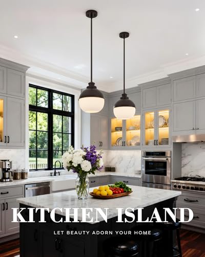 Image of Beionxii Globe Glass Pendant Lights Kitchen Island, Modern Kitchen Pendant Lighting Over Island, Farmhouse Industrial Cage Hanging Lighting with Milk Glass for Sink, Dining Room, BX-PL06ORB-S2