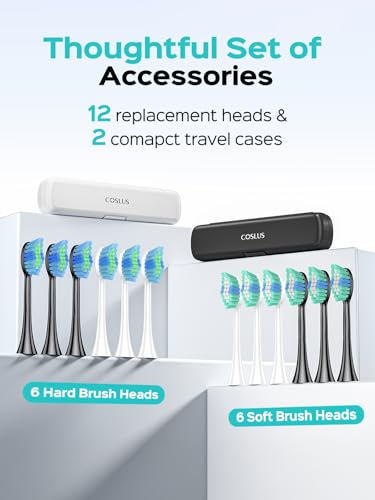 Image of COSLUS C40 Sonic Electric Toothbrush for Adults: 47000 VPM for Deep Cleaning & Whitening with Travel Case - 5 Modes for Sensitive Teeth & Braces, Wireless Charging, 6 Brush Heads, Black & Green (2PCS)