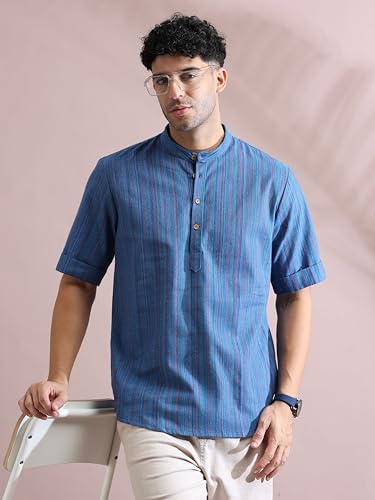 Image of Filori Lurex Checks Design Short Kurta | Pure Cotton | Half Sleeves | Mandarin Collar
