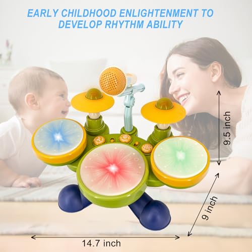 Image of Electronic Hand Drum Set for Toddlers with Microphone, Cymbals and Lights | Three light-up hand drums, two cymbals, songs and sound effects for musical play; requires 4 AA batteries, not included.