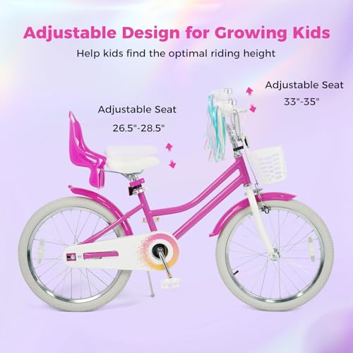 Image of BABY JOY Girls Bike with Streamers & Doll-Seat, Kids Bike for 3-8 Years Old | 12 14 16 18 20 Inch Children Bicycle w /Detachable Training Wheels or Kickstand, Storage Basket, Adjustable Seat and Handlebar