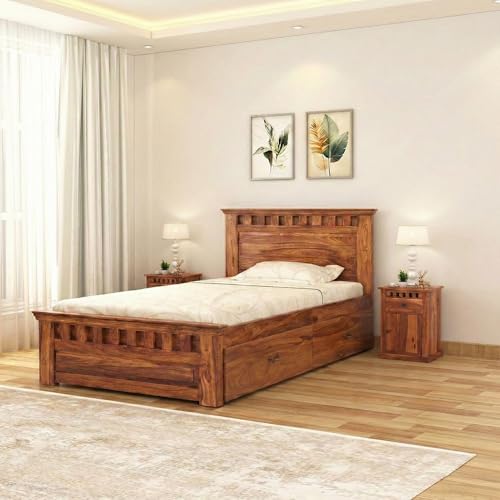 Image of SONA ART & CRAFTS Kuber Solid Sheesham Wood Single Bed (78x36) Furniture with Two Drawer Storage for Bedroom Solid Wood Bed Single Size Palang Wooden Cot Hostel Bed Living Room (Natural Finish)
