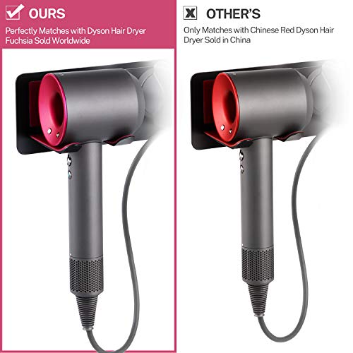 Oak Leaf 5-in-1 Hair Dryer Holder for Dyson, Wall Mount Metal Magnetic Blow Dryer Holder with Fuchsia Anti-Scratch Rubber Protection for Bathroom, Black