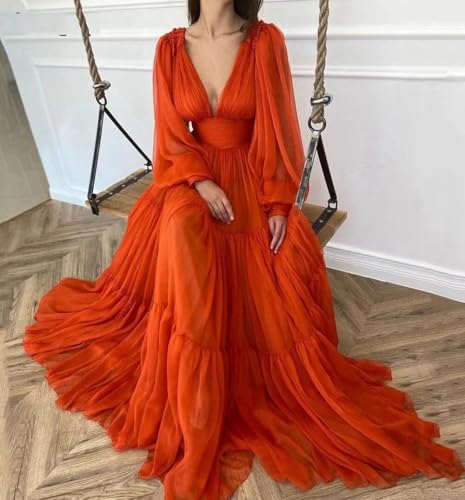 Prom Dresses Brown Formal Long A-Line Tulle Puffy Long Sleeve For Women Ball Gowns V-Neck Wedding Dresses Us6 #TOP25