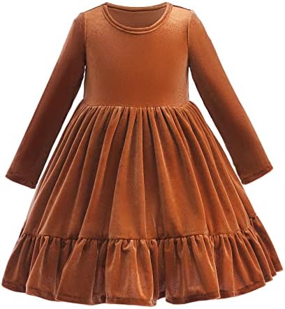 Toddler Little Girls Winter Velvet Ruffle Hemline Christmas Dress for Kids Long Sleeve Solid Color Princess Vintage Evening Party Gown Maxi Dresses Casual Fall Winter Outfit Coffee Yellow 3-4 Years