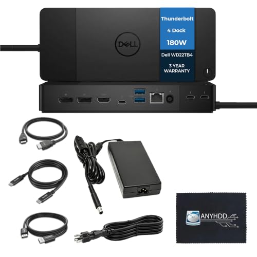 Dell WD22TB4 Thunderbolt 4 Dock Bundle - 40Gbps USB-C/USB-A 3 Year Warranty with 180W Adapter Anyhdd HDMI DP USB-C Cable & Cloth - Docking Station Supports Dual/Triple Monitors & 4k Display