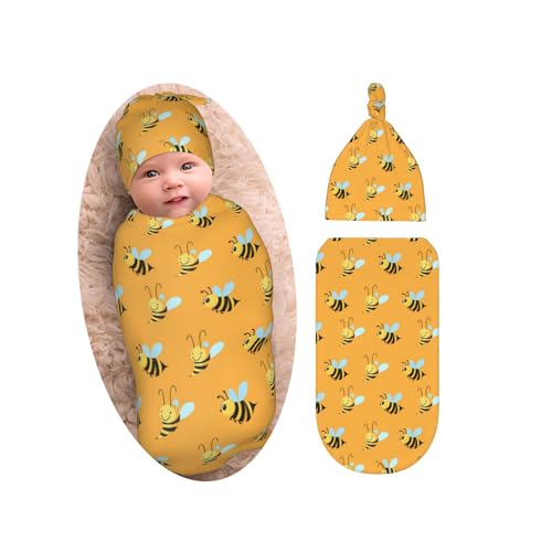 Image of Cute Bee Newborn Swaddle Blanket with Beanie Set, Soft and Stretchy Swaddlling Blanket for Boy and Girl